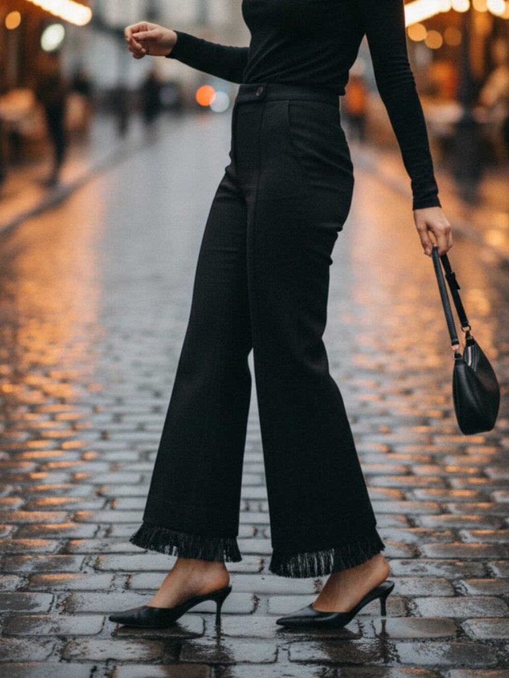 CLEA Parker Trouser Black S NWT Fringe Hem Kick Flare Cotton Linen Pintuck